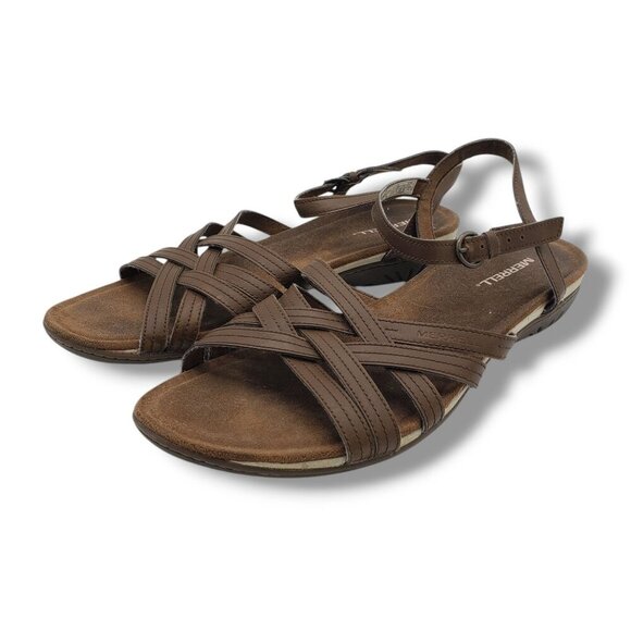 Merrell Earth Sandals Womens 11 Leather Criss Cross Buckle Brown‎ - Picture 5 of 9